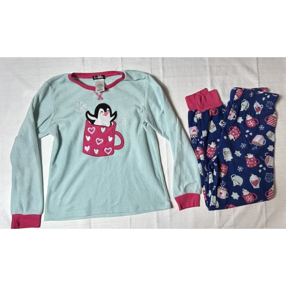 Cuddl Duds Blue Penguin Holiday Plush Pajama Set Girls‎ L 10-12